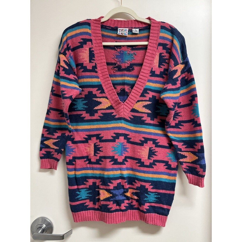 Nuovo Vintage 90s Pink Cotton V-Neck Aztec Navajo Cotton oversized sweater S Y2K